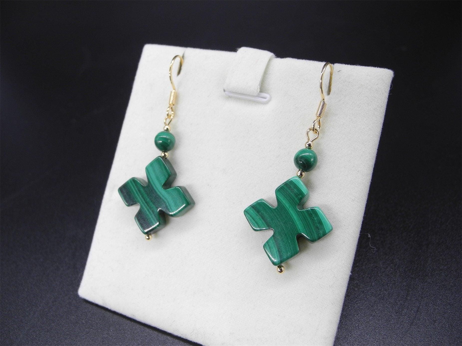 Vtg Malachite Gemstone Teardrop Dangle Earrings, Dangle Earring,Malachite Earrings, Gemstone Earing,