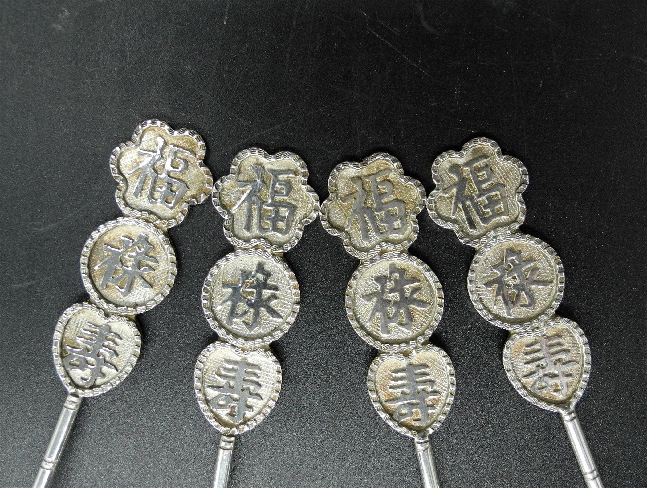 4x Vtg Sterling Silver Spoon, Longevity, Good Luck, Happinesses,