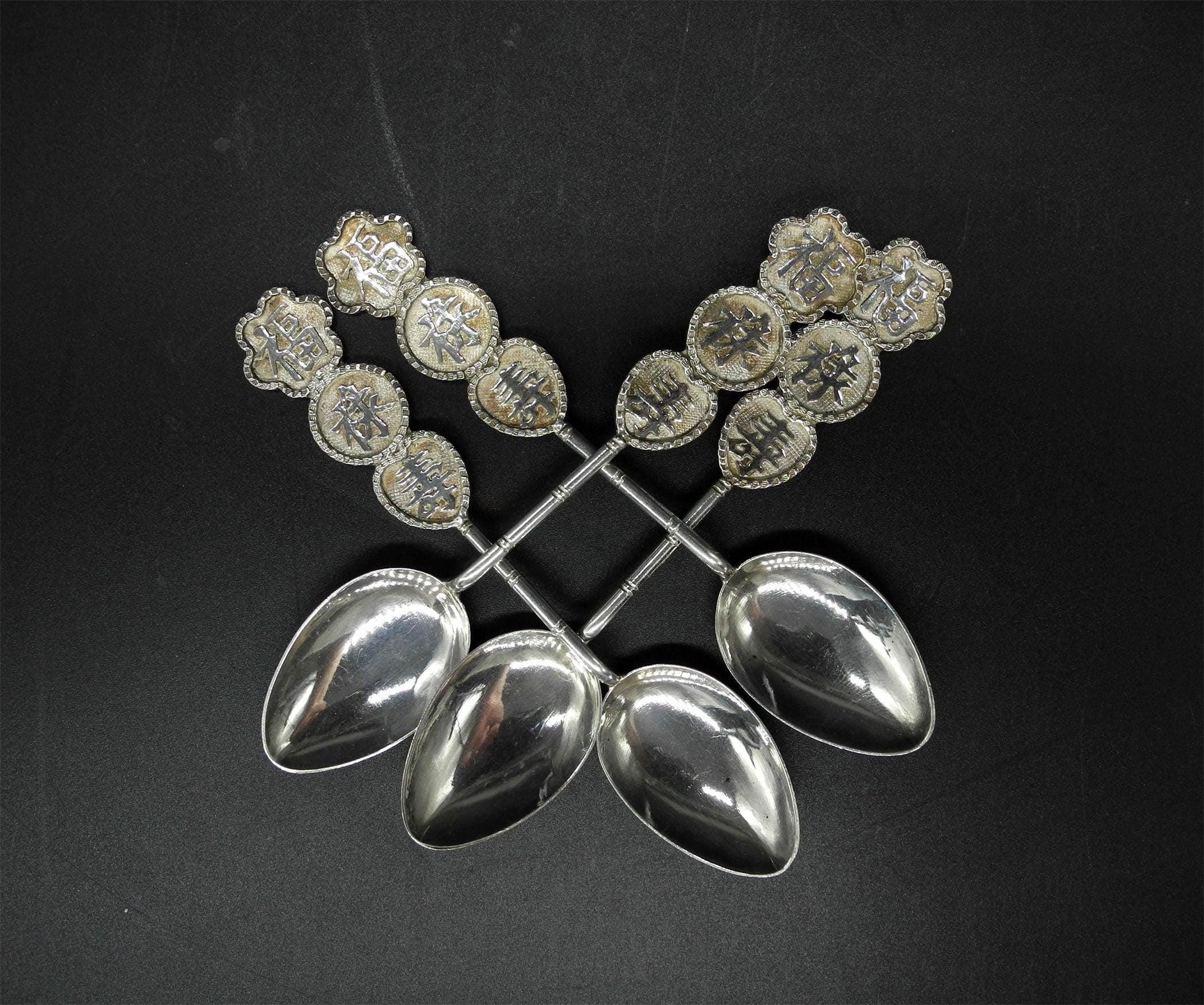 4x Vtg Sterling Silver Spoon, Longevity, Good Luck, Happinesses,