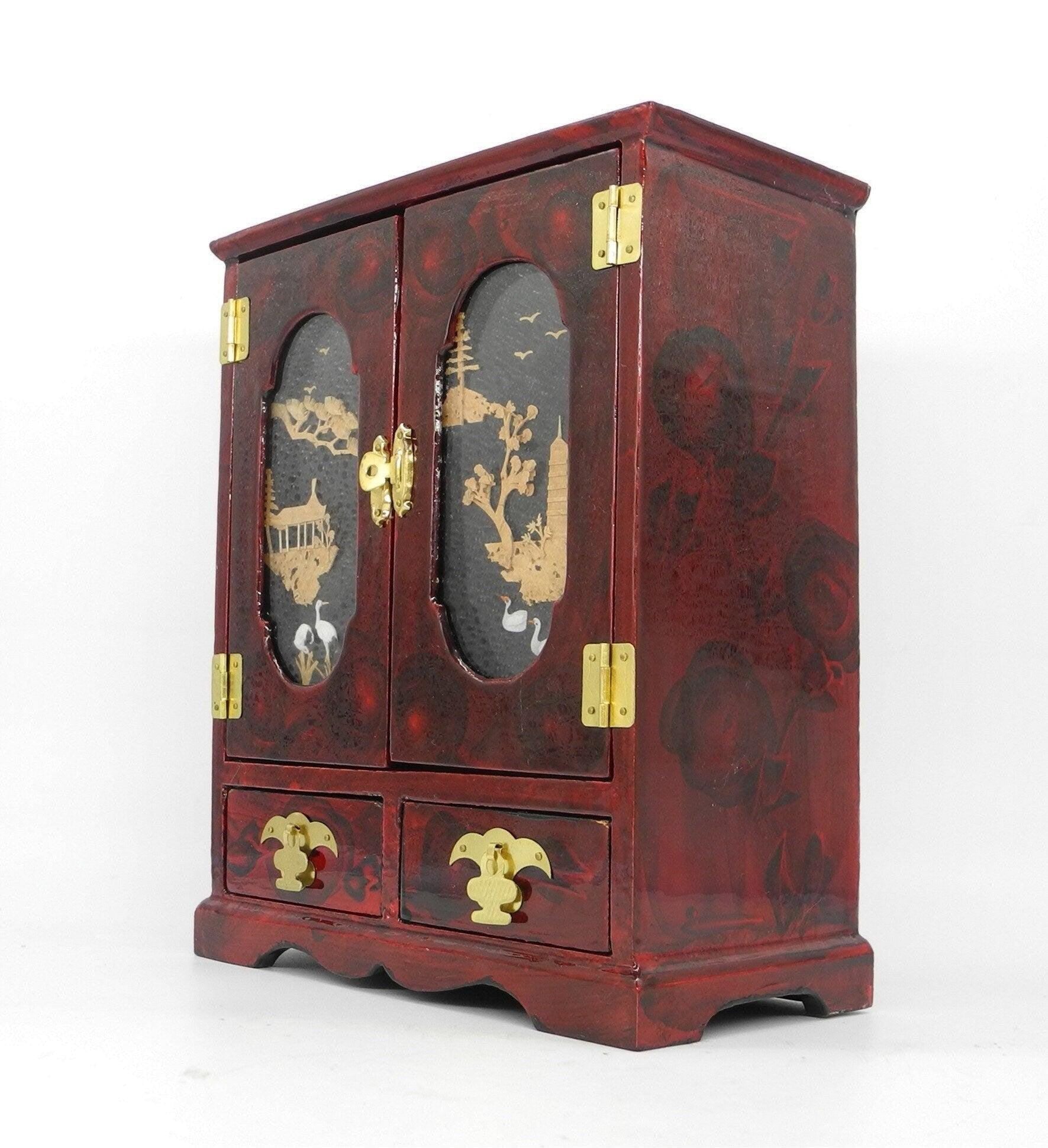 Vtg Asian Jewelry cabinet with Cork Carving Landscaping, Jewelry Wooden Cabinet,  Mini Chest ,