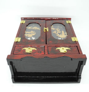 Vtg Asian Jewelry cabinet with Cork Carving Landscaping, Jewelry Wooden Cabinet,  Mini Chest ,