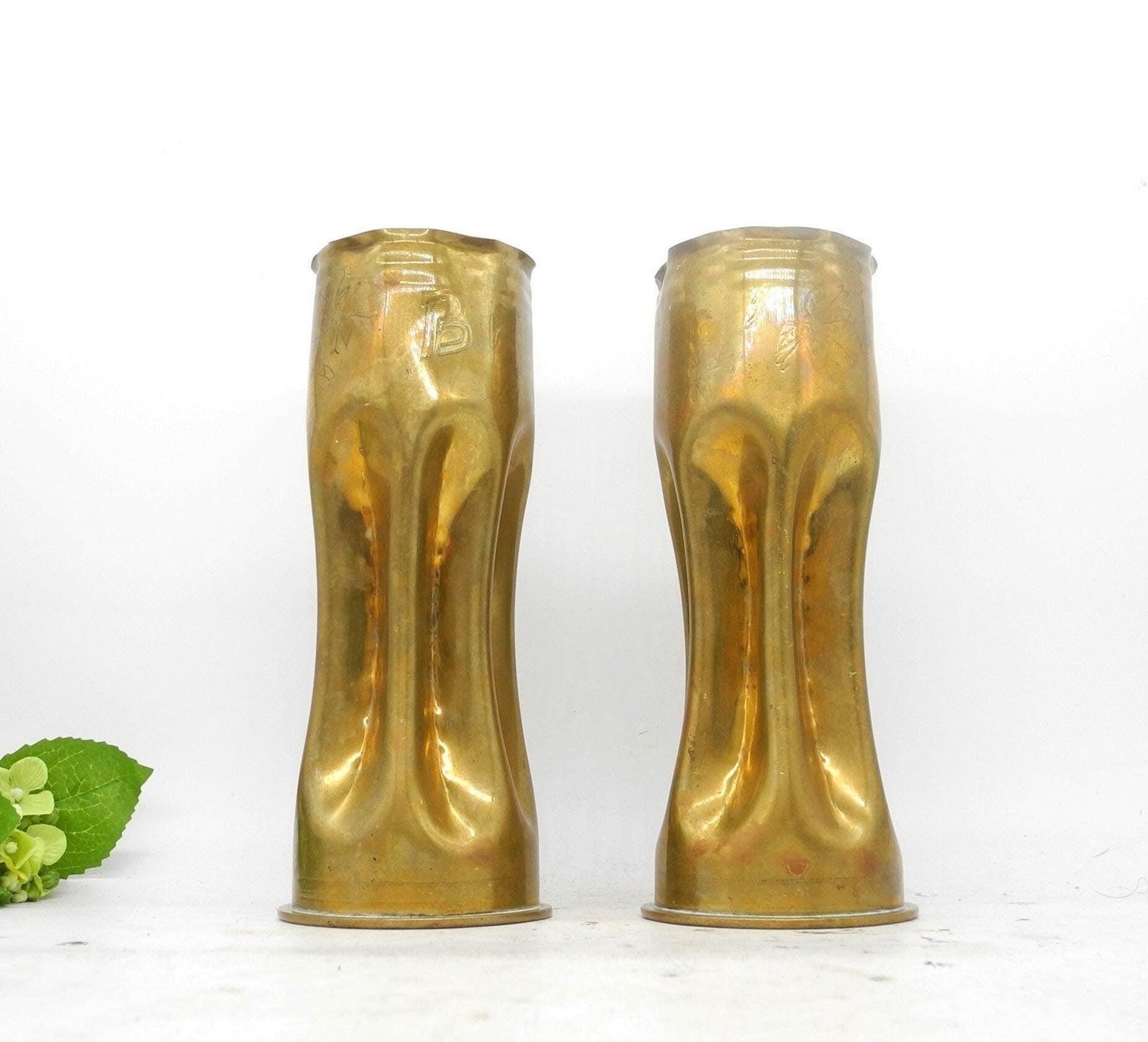 WWI 1917 Pair Brass Artillery Shell Case Vases Trench Art, Home Collectible