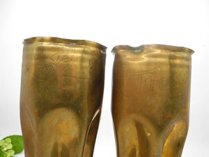 WWI 1917 Pair Brass Artillery Shell Case Vases Trench Art, Home Collectible