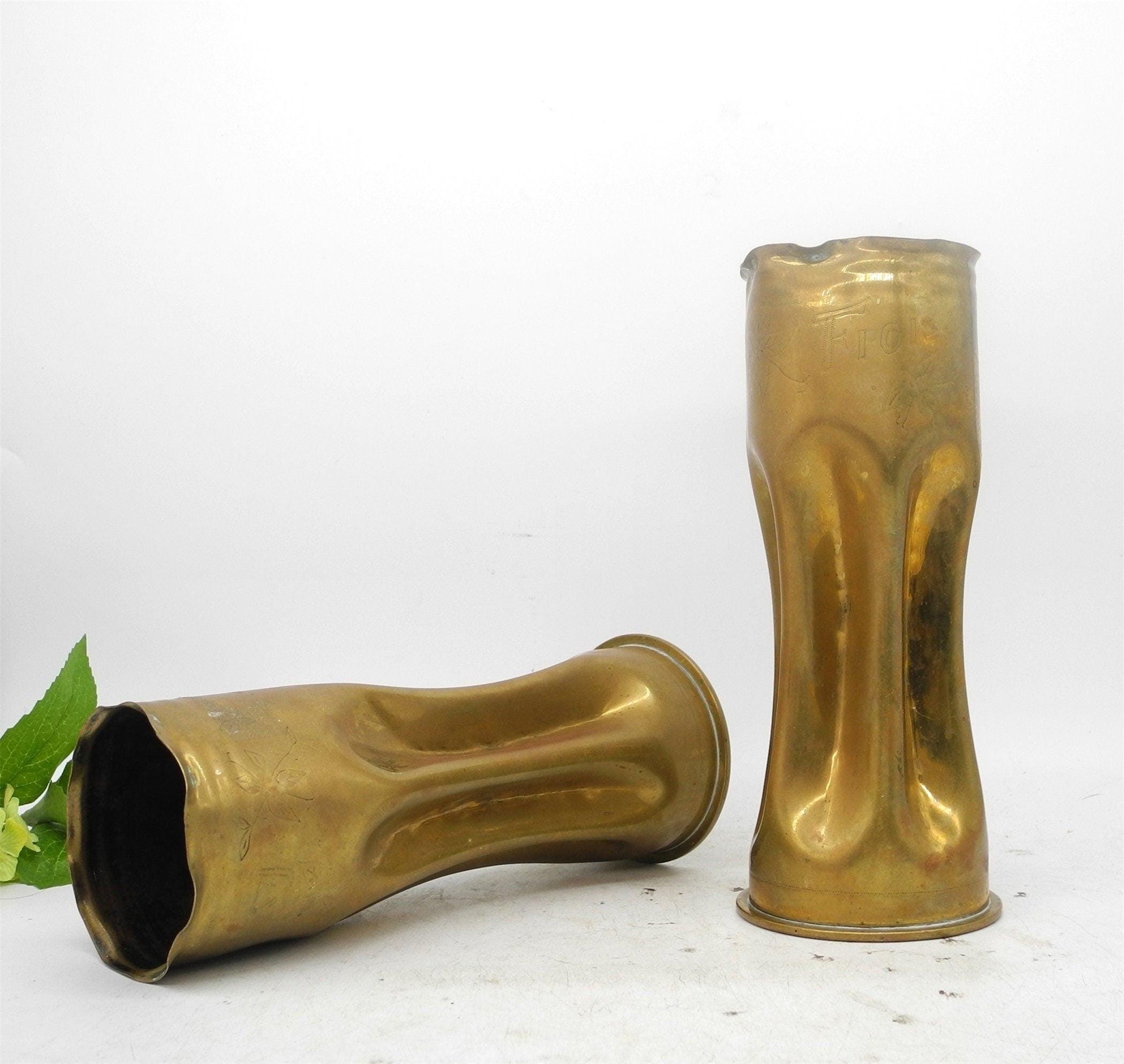 WWI 1917 Pair Brass Artillery Shell Case Vases Trench Art, Home Collectible