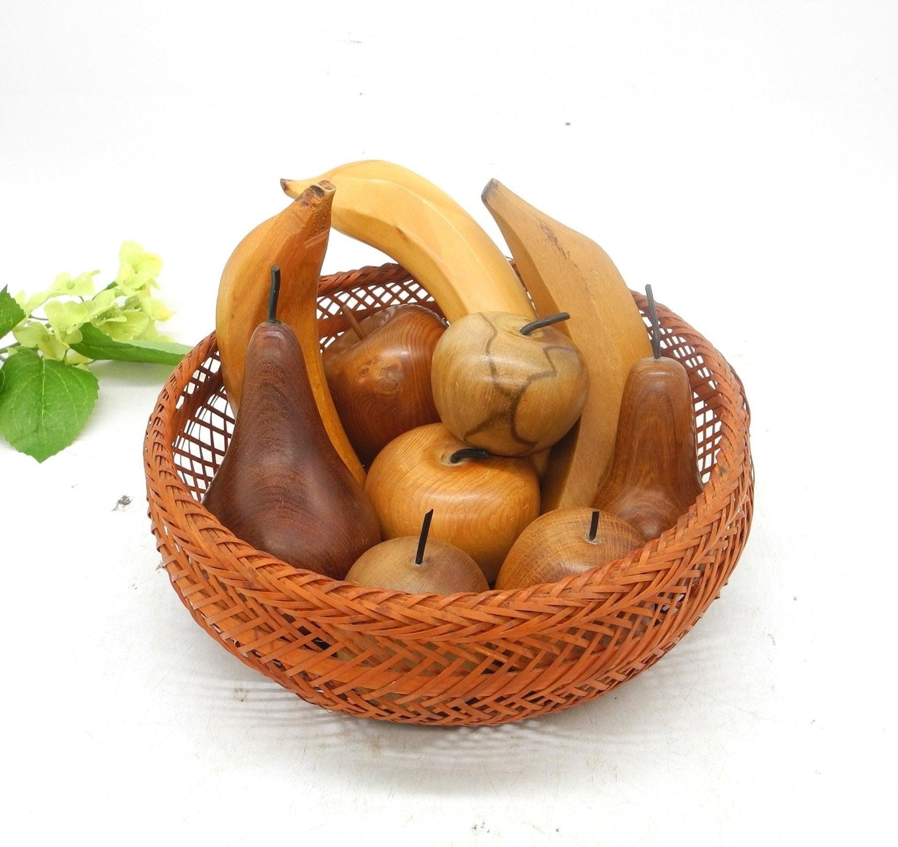 10P Hand Carved Wooden Fruit with Rattan Bowl/basket,Fruit Bowl,Wooden Decor,Carved Fruits,Wooden Pear,Kitchen Decor