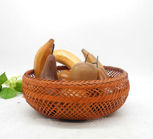 10P Hand Carved Wooden Fruit with Rattan Bowl/basket,Fruit Bowl,Wooden Decor,Carved Fruits,Wooden Pear,Kitchen Decor