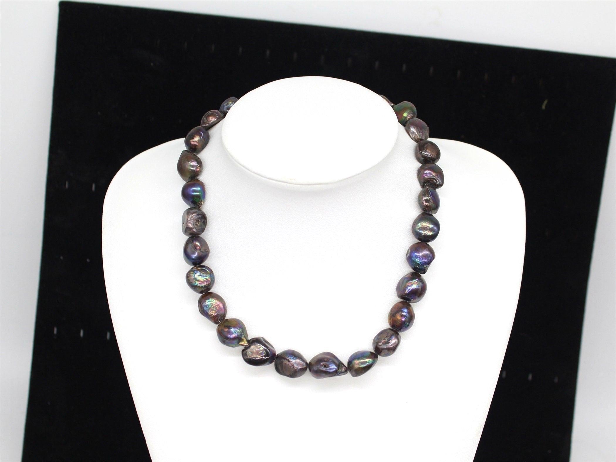 Black Peacock Baroque Pearl Necklace in a natural Purple Green Colour, Sterling Silver, Nugget Baroque Pearls, Freshwater,