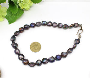 Black Peacock Baroque Pearl Necklace in a natural Purple Green Colour, Sterling Silver, Nugget Baroque Pearls, Freshwater,