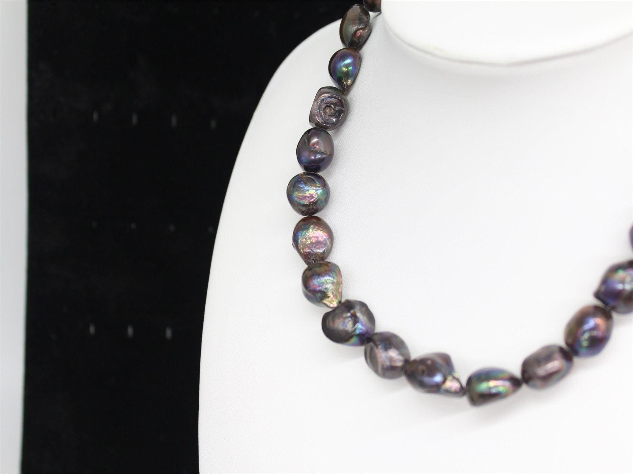 Black Peacock Baroque Pearl Necklace in a natural Purple Green Colour, Sterling Silver, Nugget Baroque Pearls, Freshwater,