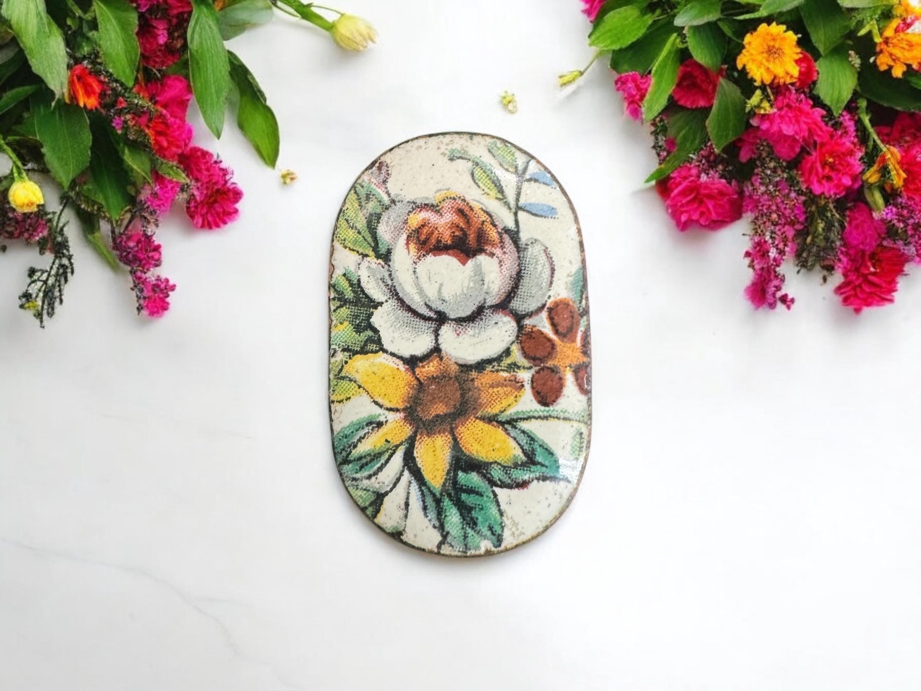 Vintage enameled copper flower brooch